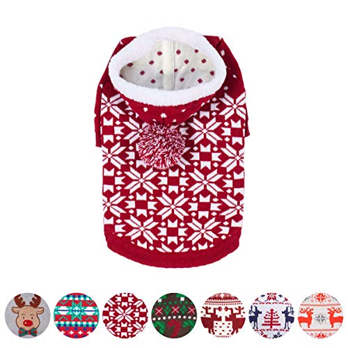 Blueberry Pet Let It Snow Classic Ugly Christmas Holiday Snowflake Pullover Hoodie Dog Sweater in Red and White, Back Length 20", Pack of 1 Clothes for Dogs