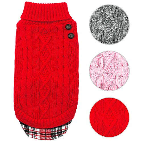 kyeese Dog Sweaters for Small Dogs with Leash Hole Turtleneck Red Dog Pullover Sweater with Gingham Patchwork Knit Warm Puppy Sweater