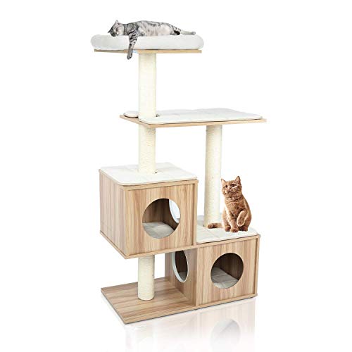 POTBY 54" 4 Levels Wooden Modern Cat Furniture, Cat Tower with 2 Condo
