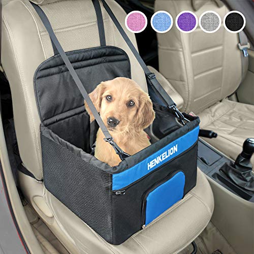 Henkelion Pet Booster Seat,Deluxe Pet Dog Booster Car Seat for Small Dogs/Medium Dogs, Reinforce Metal Frame Construction | Portable Waterproof Collapsible Dog Car Carrier with Seat Belt - Black Blue