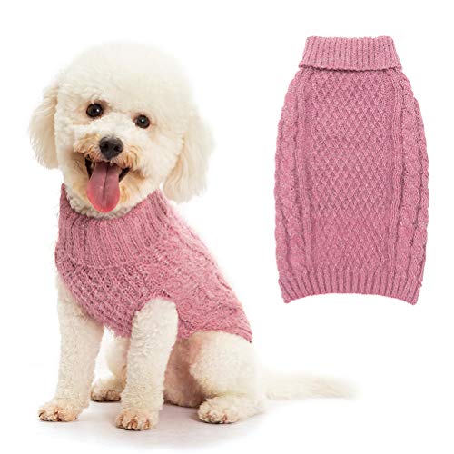 SCIROKKO Turtleneck Dog Sweater - Classic Cable Knit Winter Coat - Feather Yarn Glittered with Silver Wire - Keep Warm for Doggies Puppy, Pink Extra Small