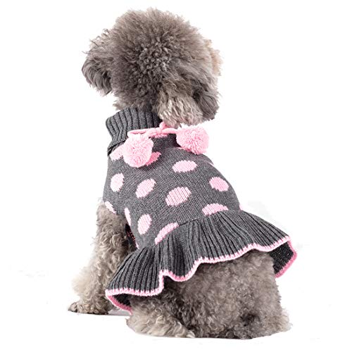 kyeese Dog Sweaters Small Turtleneck Dog Sweater Dress Polka Dot Knit Warm Dog Clothes with Pom Pom Ball