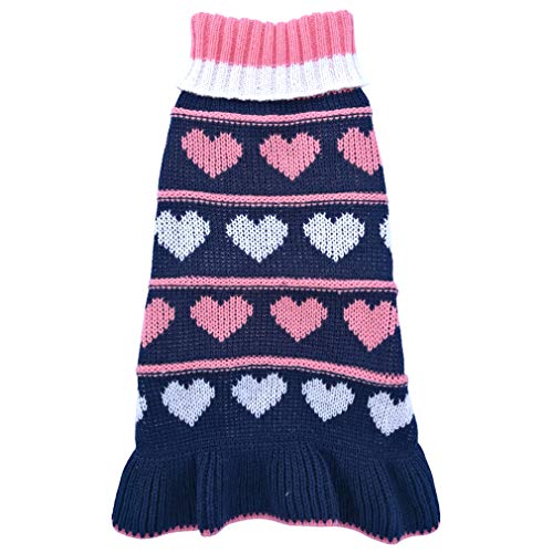 Jecikelon Pet Dog Long Sweaters Dress Knitwear Turtleneck Pullover Warm Winter Puppy Sweater Long Dresses (Navy Heart, Small)