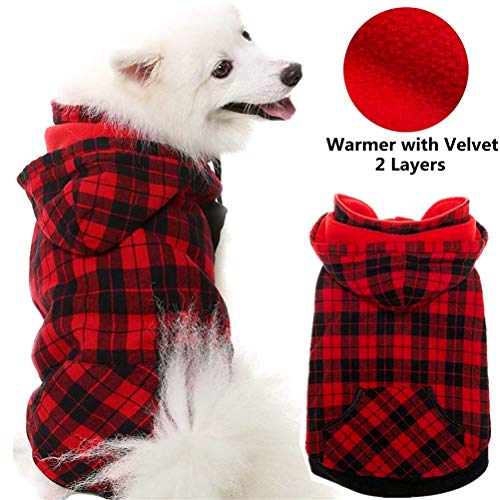 OFPUPPY Dog Hoodie with Fleece Puppy Jacket Checked Pattern Pet Winter Coat