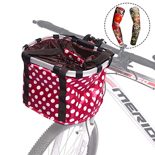 Qiuhome Bike Front Basket Small Pet Dog Cat Carrier Basket Folding Removable Bicycle Handlebar Basket for Shopping/Picnic (Red)