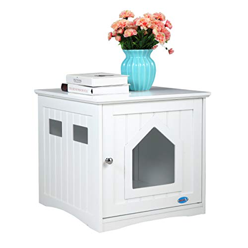 BWM.Co Wooden Side Table Pet Cat House Litter Box Enclosure in White
