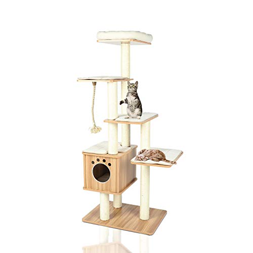 POTBY Multi-Levels Wooden Modern Cat Furniture, Cat Tower with Condo