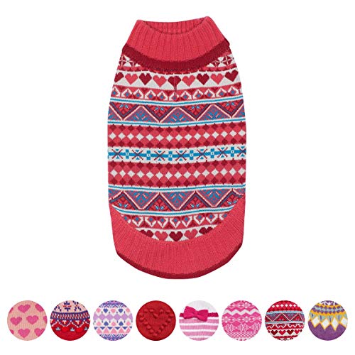 Blueberry Pet Fair Isle Style Sugar Coral Pullover Dog Sweater with Heart, Back Length 14", Pack of 1 Clothes for Dogs