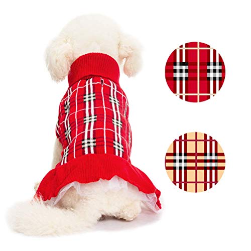 Plaid Dog Sweater - Warm Knitted Pet Turtleneck Pullover Sweater with Cute Skirt for Dogs in Chilly Weather, Red Medium