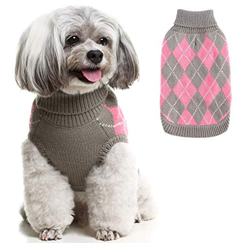 PAWCHIE Classic Dog Sweater Knit Turtleneck, Plaid Knitwear Sweaters, Warm Clothes for Small Dogs