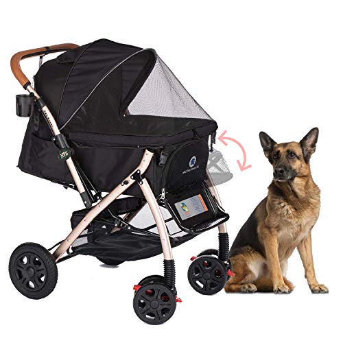 HPZ Pet Rover XL Extra-Long Premium Heavy Duty Dog/Cat/Pet Stroller Travel Carriage with Convertible Compartment/Zipperless Entry/Pump-Free Rubber Tires for Small, Medium, Large Pets (Black)