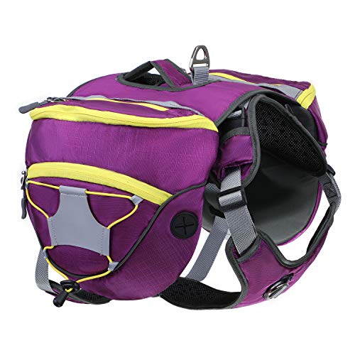 Pettom Adjustable Service Dog Supply Backpack Saddle Bag for Camping Hiking Training (Large, Purple)