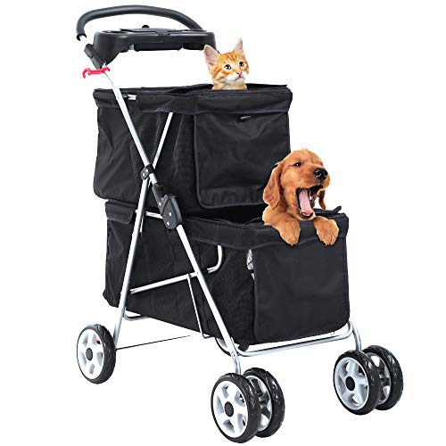 Double Dog Stroller Pet Stroller Cat Stroller for Small Medium Dogs Cats 2 Doggie Puppy or Two Kitty 4 Wheels Folding Travel Carrier Cage with Cup Holders 35LBS Capacity Pet Jogger Strolling Cart