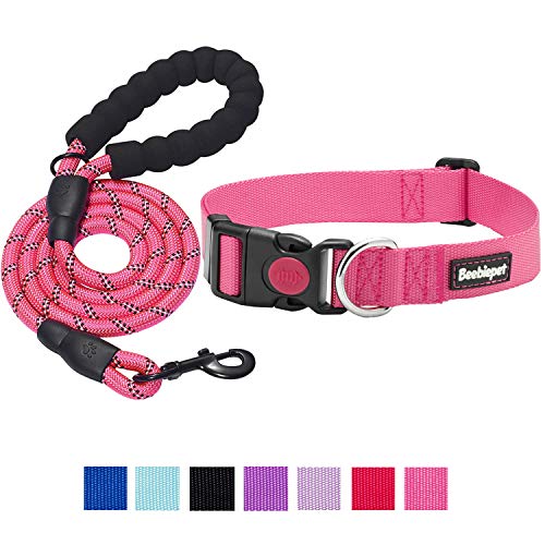 beebiepet Classic Nylon Dog Collar with Quick Release Buckle Adjustable Dog Collars for Small Medium Large Dogs with a Free 5 ft Matching Dog Leash (S Neck 10"-16", Pink)