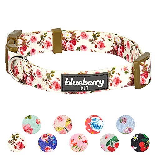 Blueberry Pet 11 Patterns Spring Scent Inspired Pink Rose Print Ivory Adjustable Dog Collar, Large, Neck 18"-26"