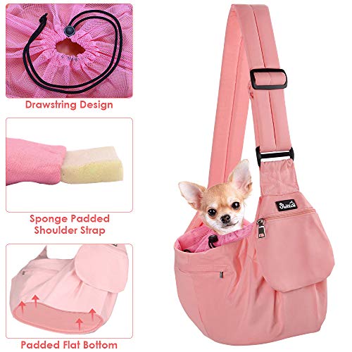 SlowTon Pet Sling Carrier, Comfortable Hard Bottom Support Small Dog Papoose Sling Adjustable Padded Shoulder Strap Hand Free Puppy Cat Carry Bag with Drawstring Opening Zipper Pocket Safety Belt