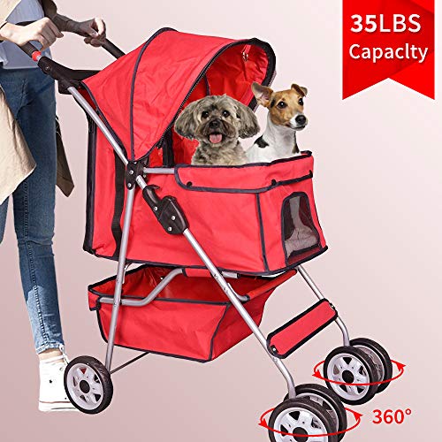 Bigacc Red 4 Wheels Pet Stroller Dog Stroller Cat Stroller Pet Jogger Stroller 35lbs Capacity Travel Lite Foldable Carrier Strolling Cart W/Cup Holders Removable Liner for Medium and Small Dog