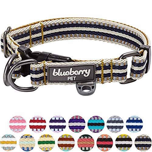 Blueberry Pet 15 Colors 3M Reflective Multi-Colored Stripe Adjustable Dog Collar, Olive and Blue-Gray, Large, Neck 18"-26"