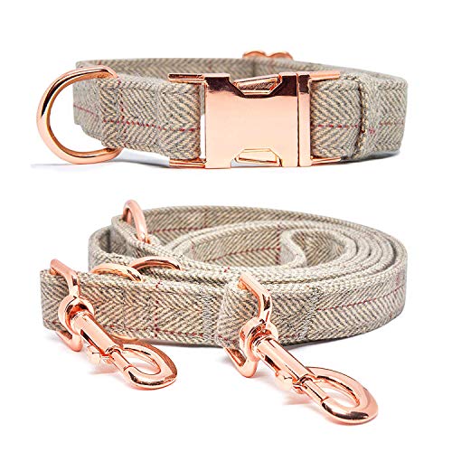 KUYOUGOU Heavy Duty Dog Collar and Leash (6.6'), Stylish Design with Rose Gold Set, 3 Adjustable Lengths, for Small to Large Dogs (M (13.8''-19.7''), Beige)