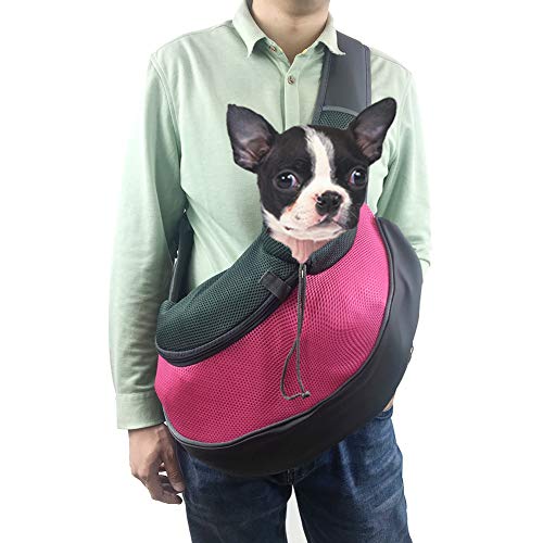 SIEMOO Pet Dog Sling Carrier, Hands Free Side Pet Sling Carrier, Portable Lightweight Breathable Mesh Outdoor Travel Chest Carrier Bag for Pet Puppy Dog Cat, M-Rose