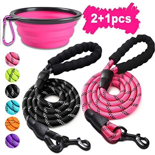 COOYOO 2 Pack Dog Leash 5 FT Heavy Duty Radiant Colors, Reflective Rope - Padded Handle - Reflective Dog Leash for Medium Large Dogs with Collapsible Pet Bowl...