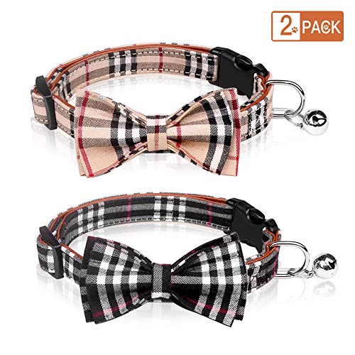 Mtliepte 2 Pcs Plaid Dog Collars Bowtie with Bell Soft Leather Adjustable Dog Collar for Small to Medium Dogs (S)