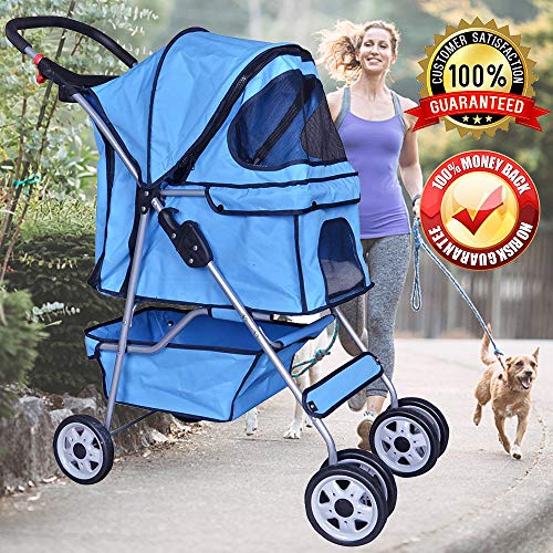 Dog Stroller Pet Stroller Cat Strollers Jogger Foldable Travel Carrier 35Lbs Capacity Doggie Cage Durable 4 Wheels Strolling Cart with Cup Holders and Removable Liner for Small-Medium Dog, Cat (Blue)