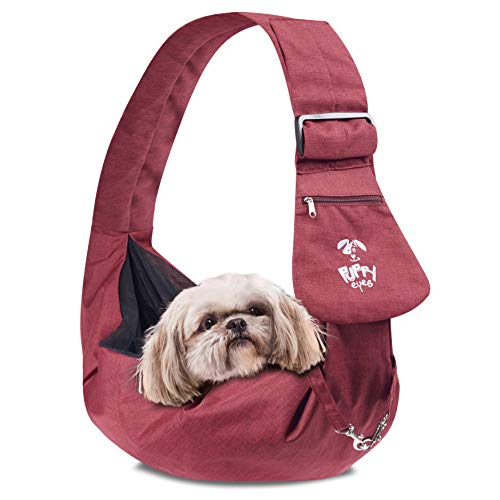 Puppy Eyes Waterproof Pet Carrier Sling Comfortable and Adjustable Dog Sling Ideal for Small & Medium Dogs up to 16 lb - Lightweight & Easy-Care Dog Carrier with Bonus car seat Belt and E-Book (red)