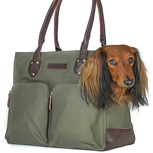 DJANGO Dog Carry Bag - Waxed Canvas and Leather Soft-Sided Pet Travel Tote with Bag-to-Harness Safety Tether & Secure Zipper Pockets (Medium, Olive Green)