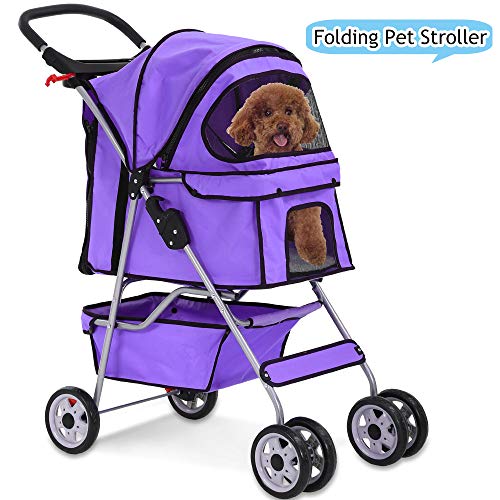 Cat Dog Stroller for Small & Medium Pets Up to 35Lbs Kitten Doggie Cage Foldable Travel Carrier Strolling Cart Durable 4 Wheels Large Pet Stroller Jogger with Cup Holders and Removable Liner (Purple)