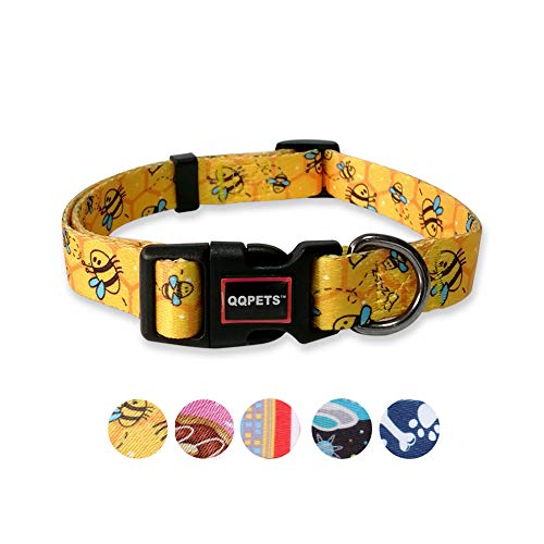 QQPETS Dog Collar Personalized Soft Comfortable Adjustable Collars for Small Medium Large Dogs Outdoor Training Walking Running (M, Yellow Bee)