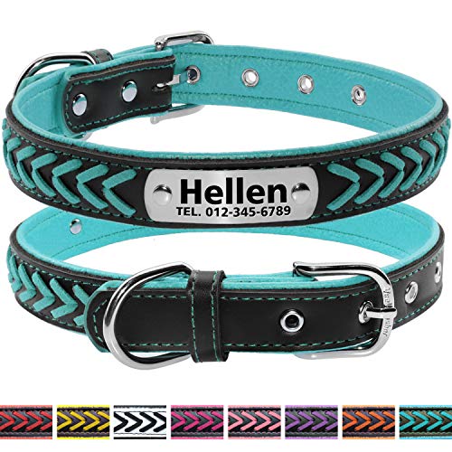 Vcalabashor Custom Leather Collar,Personalized Engraved Dog Collar with Stainless Steel On Collar Nameplate,Teal Blue