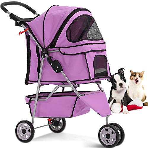Dog Stroller Pet Stroller Cat Strollers Jogger Folding Travel Carrier Durable 3 Wheels Doggie Cage with Cup Holders 35Lbs Capacity Waterproof Puppy Strolling Cart for Small-Medium Dogs, Cats