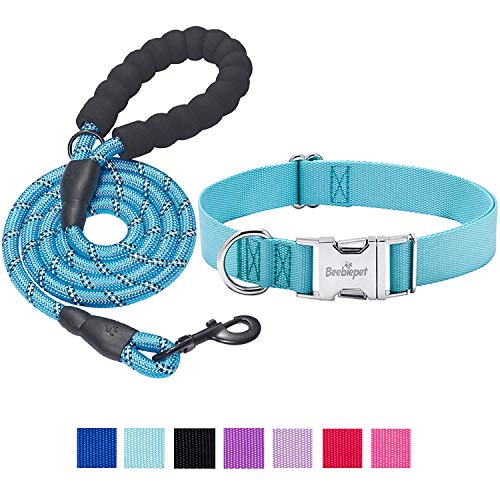 beebiepet Classic Dog Collar with Strong Metal Buckle Adjustable Dog Collars for Small Medium Large Dogs (Collar+Leash S Neck 10"-16", Turquoise)