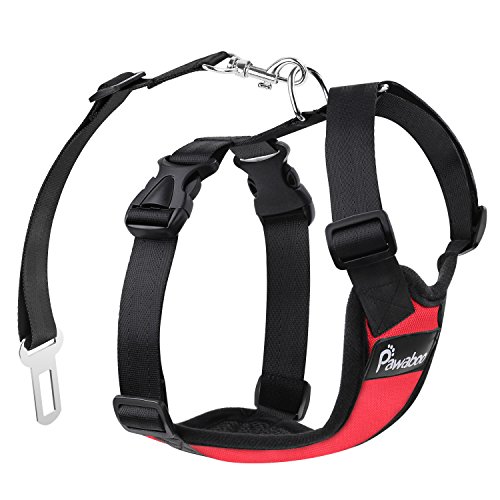 PAWABOO Dog Safety Vest Harness, Pet Dog Adjustable Car Safety Mesh Harness Travel Strap Vest with Car Seat Belt Lead Clip, Suitable for 11 lb-33 lb Dogs, RED