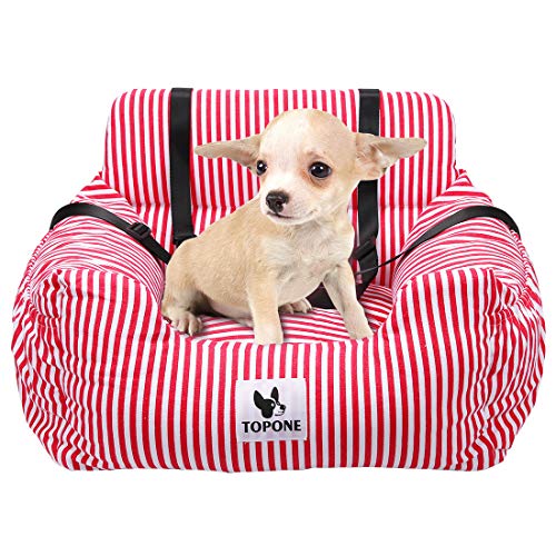 Dog Car Seat,Dog Booster Front Seat for Small and Medium Dogs Cats,Pet Lookout Seat Travel Striped Carrier with Storage Pocket & Safe Belt for Cars/SUVs/Truck-Up to 30l bs (Red)