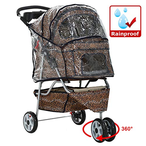 All Terrain Extra Wide Leopard Skin 3 Wheels Pet Dog Cat Stroller w/RainCover