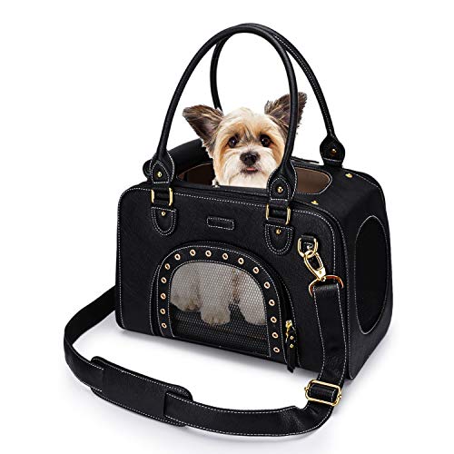 PetsHome Dog Carrier Purse, Pet Carrier, Cat Carrier, Foldable Waterproof Premium Leather Pet Travel Bag Carrier with Shoulder Strap for Cat and Small Dog Home & Outdoor Small Black