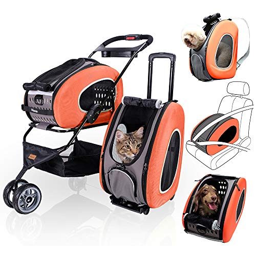 ibiyaya 5 in 1 Pet Carrier + Backpack + CarSeat + Pet Carrier Stroller + Carriers with Wheels for Dogs and Cats All in ONE (Orange)