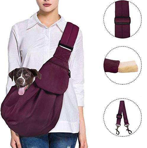 AutoWT Dog Padded Papoose Sling, Small Pet Sling Carrier Hands Free Carry Adjustable Shoulder Strap Reversible Outdoor Tote Bag with a Pocket Safety Belt Dog Cat Carrying Traveling Subway (Burgundy)