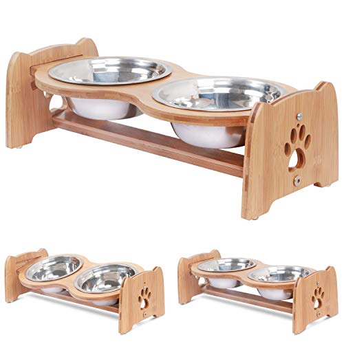 X-ZONE PET Raised Pet Bowls for Cats and Dogs, Adjustable Bamboo Elevated Dog
