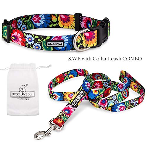Lucky Love Dog Collars | Vivid Floral Girl or Boy Dog Collar & Leash Set for Large Dogs - Blackbird, Large