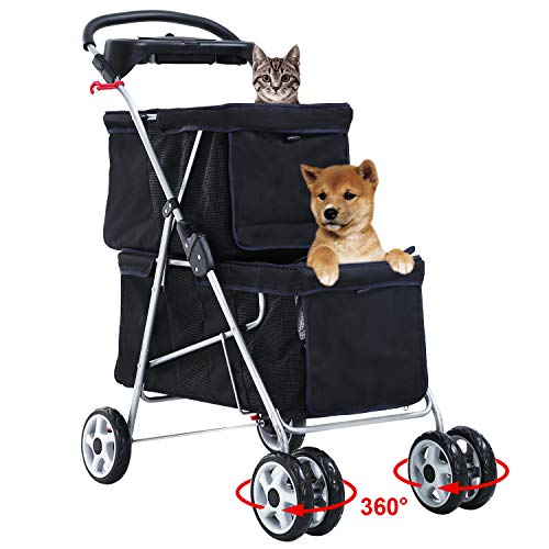 BestPet Pet Stroller Dog Cat Stroller Aluminum Frame Mesh Ventilation Travel Camping Folding Lightweight 4 Swivel Wheels Puppy Jogger Stroller Carrier Cart with Cup Holder,Black