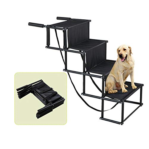 JAXPETY Dog Car Step Stairs, Metal Frame Folding Pet Ramp for Indoor Outdoor Use