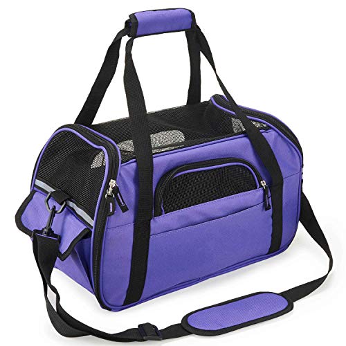 Pettom Soft-Sided Pet Carrier for Dogs Collapsible Cats Travel Bag Under Seat Airline Approved Tote Fleece Pet Mats Included Escape Proof-L Purple