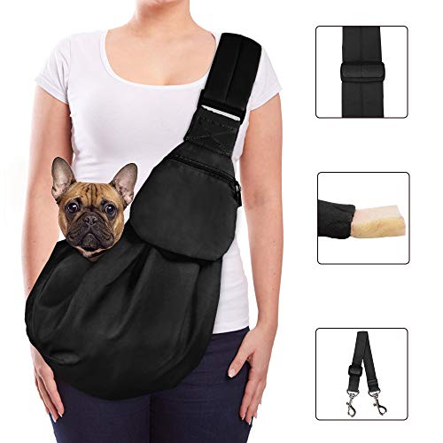 Lukovee Pet Sling, Hand Free Dog Sling Carrier Adjustable Padded Strap Tote Bag Breathable Cotton Shoulder Bag Front Pocket Safety Belt Carrying Small Dog Cat Puppy Machine Washable (Black)