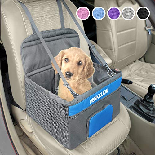 Henkelion Pet Booster Seat,Deluxe Pet Dog Booster Car Seat for Small Dogs/Medium Dogs, Reinforce Metal Frame Construction | Portable Waterproof Collapsible Dog Car Carrier with Seat Belt - Grey Blue