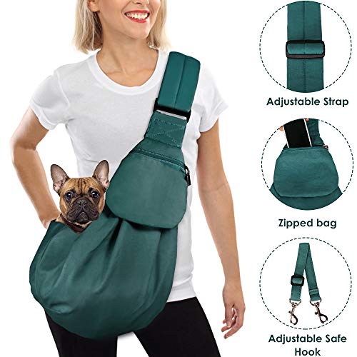 AutoWT Dog Padded Papoose Sling, Small Pet Sling Carrier Hands Free Carry Adjustable Shoulder Strap Reversible Outdoor Tote Bag with a Pocket Safety Belt Dog Cat Carrying Traveling Subway (Green)