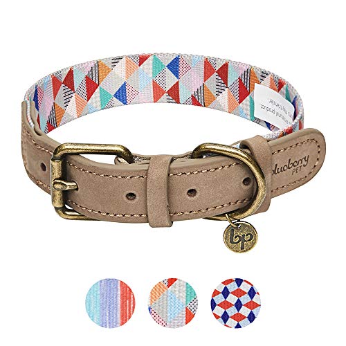 Blueberry Pet 2019 New 3 Patterns Shades of Rainbow Multicolor Triangles Genuine Leather & Polyester Combo Adjustable Dog Collar, Large, Neck 18"-22"