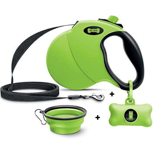 Ruff 'n Ruffus Retractable Dog Leash with Free Waste Bag Dispenser and Bags + Bonus Bowl | Heavy-Duty 16ft Retracting Pet Leash | 1-Button Control | (Retractable Dog Leash (with Free Bonus))